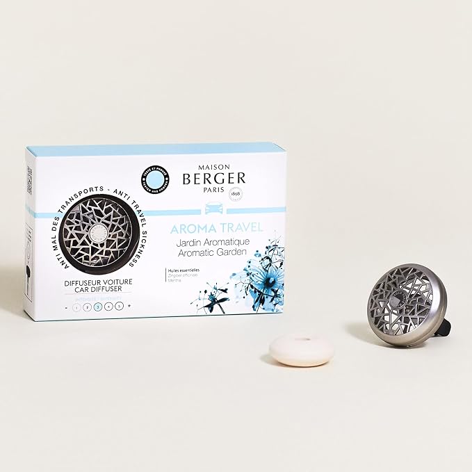 MAISON BERGER Car Diffuser Set, Aroma Travel | Bergamot Mint Eucalyptus Notes, Refillable Vent Clip with Ceramic Refill, Passive 4-Week Diffusion, Made in France