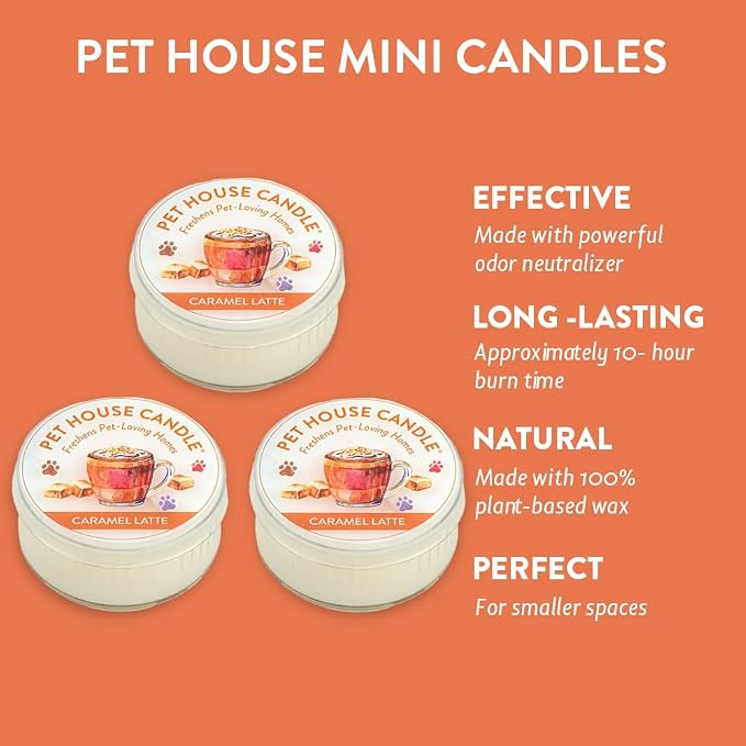 Pet House Mini Candles for Pet Odor Made with Natural Soy Wax, Plant Based, Dog and Cat Friendly Scented, Caramel Latte Pack of 3
