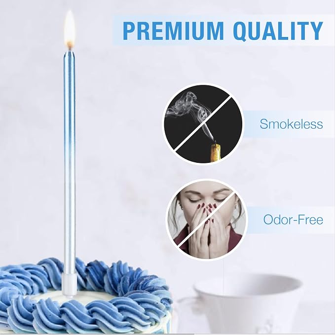 24-Count Gradient Blue Birthday Candles, Long Thin Cake Candles for Wedding, Celebration, Birthday Party Cake Cupcake Decorations