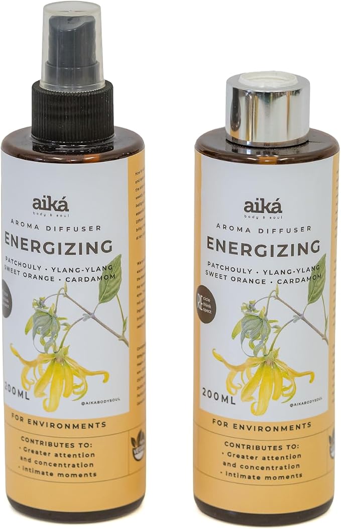 Aika Energizing Body Care Set – Aroma Diffuser 200ml + Home Spray 200ml – Patchouli, Ylang-Ylang, Orange & Cardamom Essential Oils – Energy Boost, Focus & Mood Enhancement
