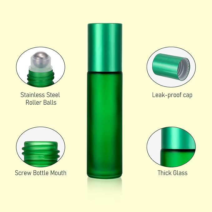 Kesell 10pcs Empty Roll on Glass Bottles, 10ml 1/3 Oz Essential Oil Roller Bottles with Stainless Steel Roller Balls, Refillable Small Perfume Vials for Travel - Green Color