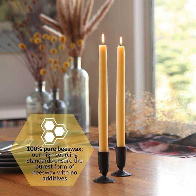 Big Dipper Wax Works Natural Honey Hand-Dipped Beeswax Taper Candles – 12” x 7/8”, 2-Pack, 100% Pure Beeswax, Long Burning, Clean, Cotton Wick, Handmade in USA, Home Décor & Wedding Candles