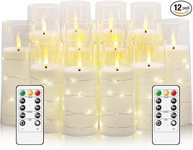 Sasigeiaa Flameless Candles with Embedded Star String - Battery Operated LED Candles, with Remote,12 White Flickering Candles for Christmas, Weddings, Home Decor & Party,(D 2.3"×H 5" 6" 7")