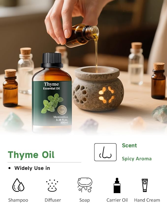 Thyme Essential Oil, Pure Mumianhua Natural Outdoor Shield & Barrier Spray, Herbaceous Aroma for Patio, Garden, Camping, Air Purifying Diffuser, Skin & Hair – 3.38 Fl Oz