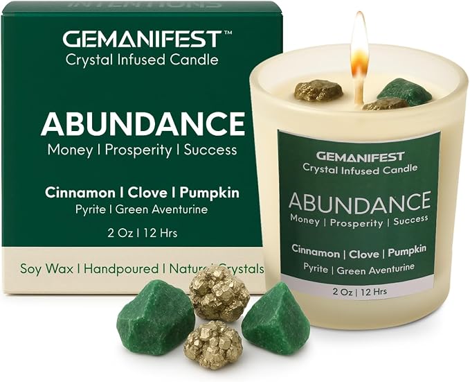 Prosperity Manifestation Abundance Crystal Candle, Real Pyrite and Green Aventurine Pumpkin Spice Soy Candle, Valentine's Gift for Her/Him, Women's Wealth Growth and Success
