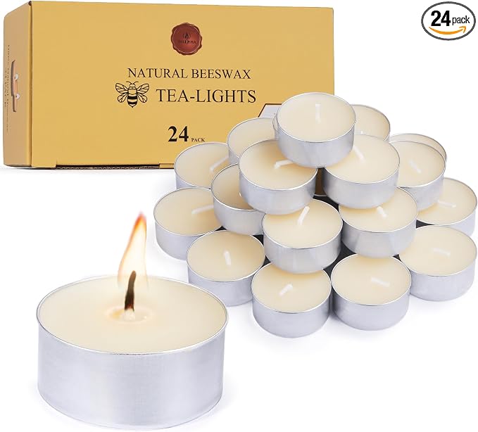 Natural Ivory White Beeswax Tealight Candles in Metal Aluminum Cup - Organic Small Candle Natural Scent Smokeless 4-5 Hours Burning - Pack of 24