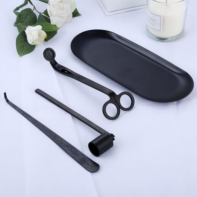 MUXSAM 4 in 1 Candle Accessory Set - Candle Wick Trimmer, Candle Wick Dipper, Candle Wick Snuffer, Storage Tray Plate, Candle Care Tools Gift for Candle Lovers Home Decoration (Black)