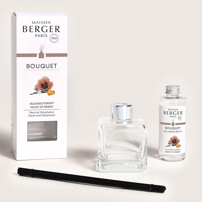 MAISON BERGER Reed Diffuser Bouquet, 100 ml, Velvet of Orient | Clear Glass Bottle, 8 Reed Sticks, 100 ml Refill, Up to 6-Week Passive Diffusion, No Flame, Made in France