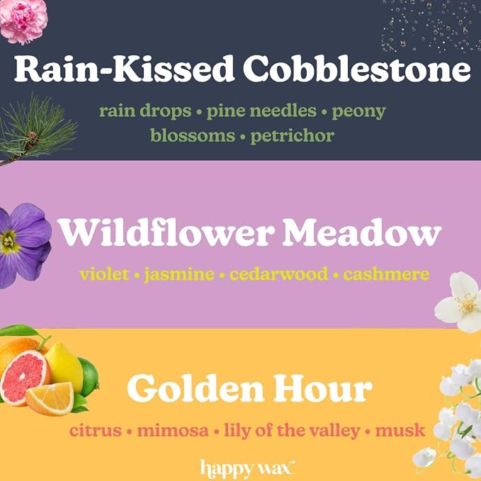 Happy Wax Fresh Spring Day Mix Premium Scented Natural, Non Toxic Soy Wax Melts – 6 Total Oz. of Scented Wax Melts Includes: Wildflower Meadow, Rain-Kissed Cobblestone and Golden Hour