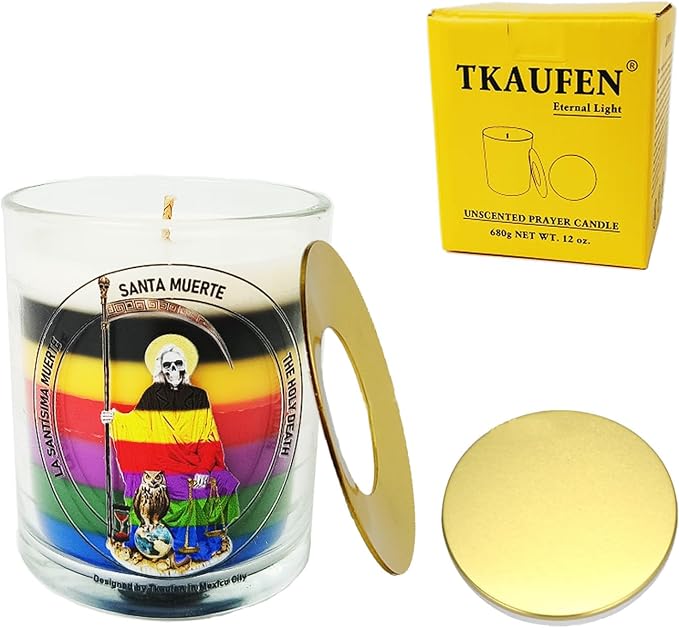 Santa Muerte 7 Color Candle 50 Hours│Natural Soy Wax│Prosperity, Healing, Protection, Abundance, Spiritual Awakening, Love, Wealth, Success, Positive Energy │Design in Mexico City│3“×3.6”