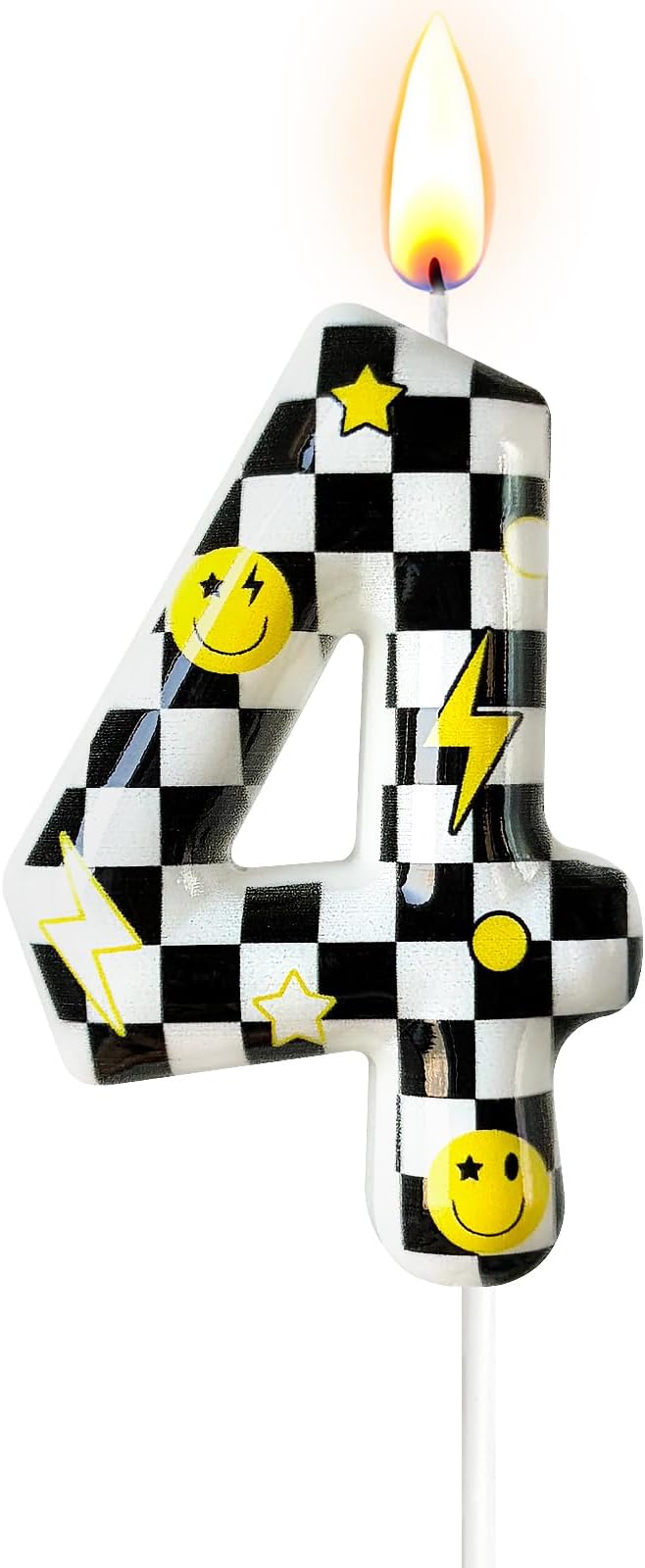 Number 4 Birthday Candle for Cake – Black White Checkered Smiley Design with Lightning & Star – Four Happy Dudes Theme Cake Topper for Birthday Party Decorations