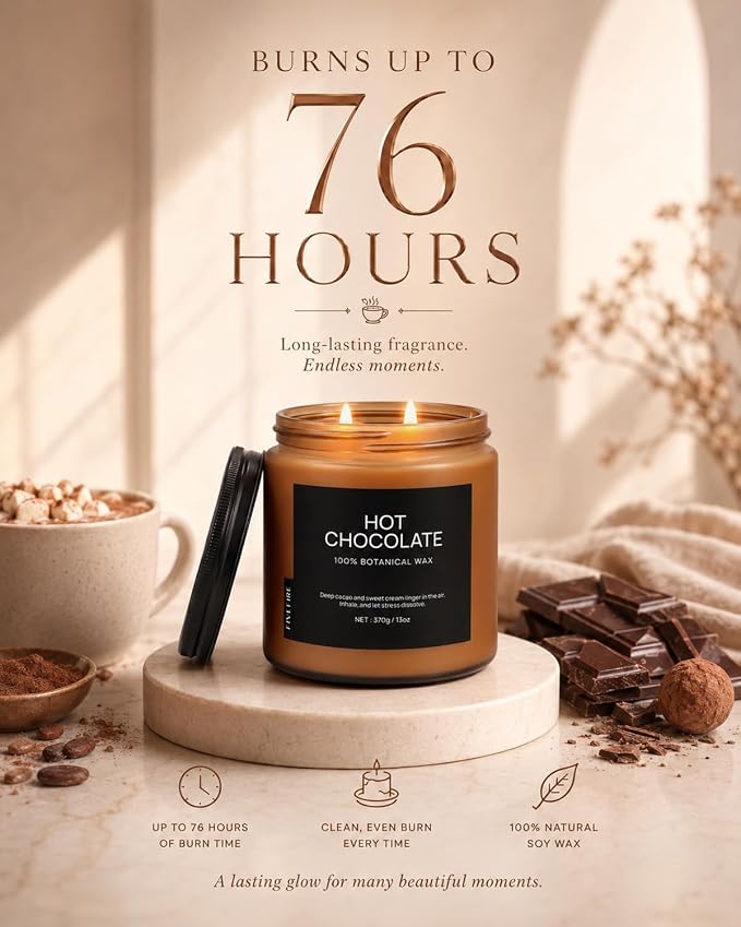 Hot Chocolate Home Scented Candles, 13oz Organic Soy Wax, 76-Hour Clean Burning, Natural Candles Non Toxic, Rich & Cocoa Gourmand Scent for Relaxation, Aromatherapy Housewarming Candle for Men Women