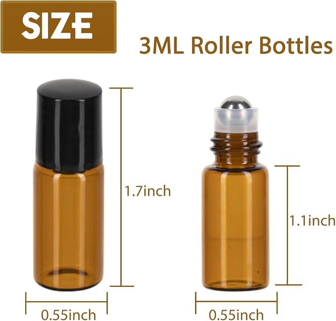 3ml Roller Bottles 24Pack Amber Thick Glass Essential Oil Bottles with Stainless Steel Roller Ball and 2 Droppers