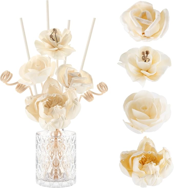 Daifunli 11 Pcs Flower Reed Diffuser Set Include Sola Flowers Diffuser Sticks with 5oz Empty Design Bottles Fragrance Rice Paper Natural Flower for Bedroom Office Bathroom Shelf Decor Gift(Classic)