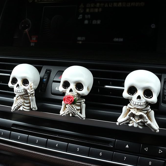 Set of 3 Halloween Skull Decor Cute Car Air Freshener Vent Clips, Resin Skeleton Holding Rose Car Diffuser Romantic Dashboard Decorations Auto Interior Accessories for Men Women