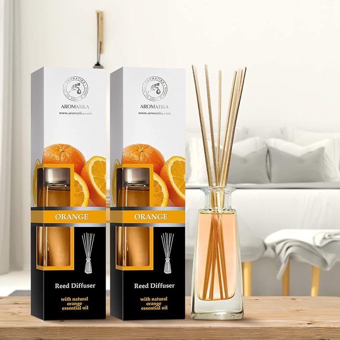 Reed Diffuser Orange - 2x3.4 Fl Oz - Fresh Room - Long Lasting Fragrance - Scented Reed Diffuser Orange - Diffuser Gift Set - Best for Aromatherapy - Home - Orange Essential Oil Diffuser