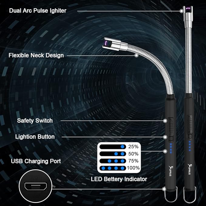 SUPRUS Electric Candle Lighter USB Type C Rechargeable Lighter Steel Shell & Hanging Hook with 360° Flexible Neck(Black, 2)