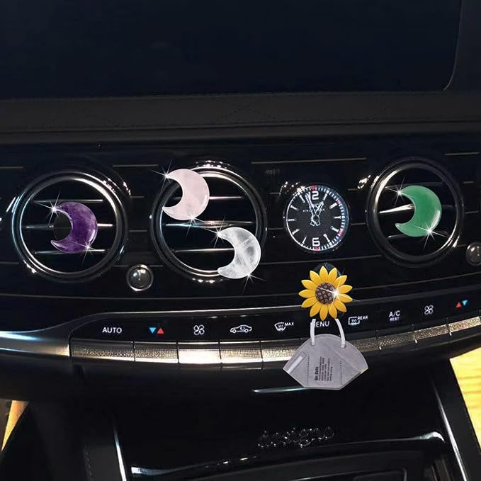 Crystal Moon Air Vent Clips,4 Pcs Quartz Moon Style Car Air Fresheners Vent Clips Car Diffuser Vent Clip Cute Cars Decoration Car Interior Decor Accessories for Women Men + Cute Sunflower Mask Hook