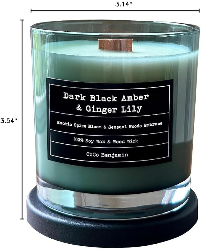 100% Soy, Highly Scented, Hand Poured Soy Candle (Dark Black Amber & Ginger Lily (Wooden Wick))
