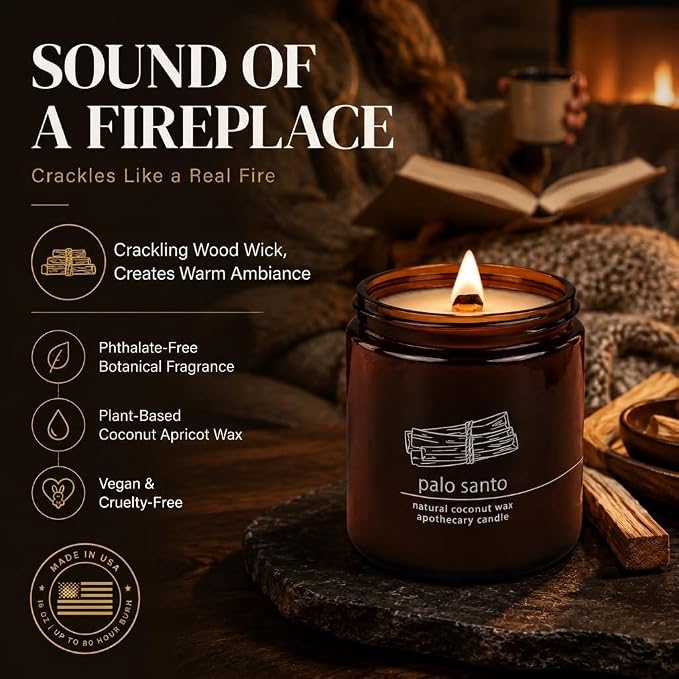 Hemlock Park Palo Santo Apothecary Scented Candle | Crackling Wood Wick, Botanical Fragrance & Coconut Apricot Wax | Up to 80 Hour Burn Time | 16 oz | Made in USA