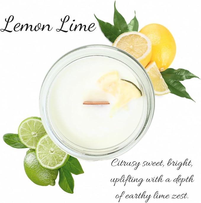 Lemon Lime Citrus Essential Oil Candle 3 oz, Hand Crafted Pure Soy Wax Candle with Wooden Wick, Spice Garnish, 23 Hour Burn Time, Natural Aromatherapy Glass Jar Candle with Lid by Lathered Artisan