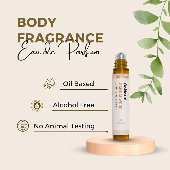 benatu Sandalwood Perfume Oil Roll On for Women and Men, Alcohol Free Eau de Parfum,Travel Size Essential Oil Body Fragrance, Long Lasting, Leather Woody Scent, 10 ml