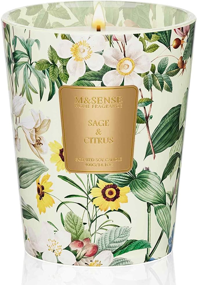 M&SENSE Sage Citrus Summer Scented Candle, 14.1oz Non Toxic Natural Soy Wax Candle for Home, 60 Hours Long Lasting Aromatherapy Candle for Stress Relief, Fresh Smelling Candle Gifts for Bathroom Decor
