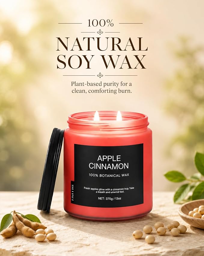 Apple Cinnamon Home Scented Candles, 13oz Organic Soy Wax, 76-Hour Clean Burning, Natural Candles Non Toxic, Spicy & Sweet Scent for Relaxation, Aromatherapy Housewarming Candle for Men Women