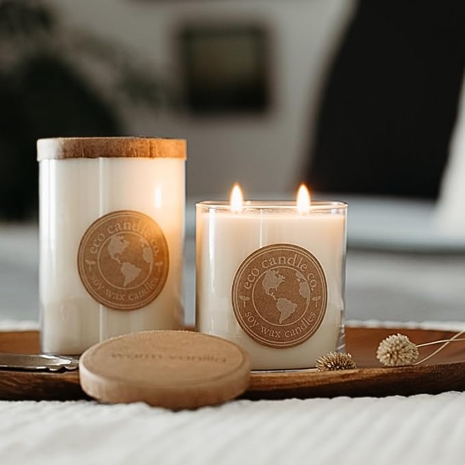 Eco Candle Co. Recycled Candle, Warm Vanilla, 18 oz. Double Wick - Scents of Rich Vanilla - 100% Soy Wax, No Lead, Kraft Paper Label & Lid, Hand Poured, Phthalate Free, Midwest Grown Soybeans