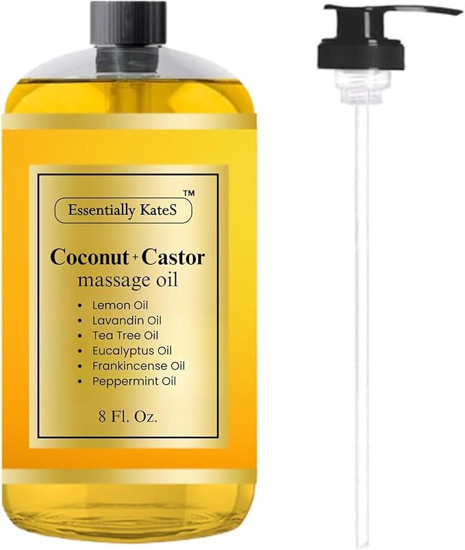 Essentially KateS Coconut + Castor Massage Oil 8 Fl Oz - Multi-Purpose Moisturizer - Infused with 100% Pure Essential Oils - Skin Care, Body Massage, Hair Care, & Nail Care