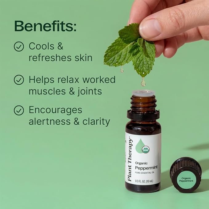 Plant Therapy Organic Peppermint Essential Oil 10 mL (1/3 oz), 100% Pure, Undiluted, USDA Certified Organic, Undiluted, Natural Aromatherapy, for Neck Tension and Muscle Discomfort