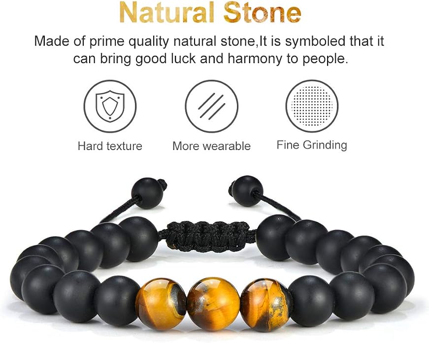 M MOOHAM Mens Bracelet - Beaded Natural Stone 8mm Tiger Eye Matte Agate Lava Rock Bracelets for Men Teen Boys Grandpa Dad Birthday Gifts Jewelry