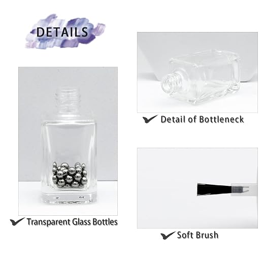 6PCS Empty Nail Polish Bottles with Funnel, Empty Fingernail Polish Bottles Glass Rectangle with Brush & Mixing Balls Black (15ML)