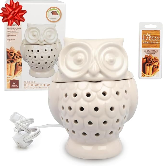 D'Eco Owl Fragrance Wax Melt Warmer - Electric Scented Tart & Candle Warmer w 4 Cinnamon Cubes - Plug-in Halogen Bulb Melts Wax Fills Room w Fresh Scent & Night Light Glow- Holiday Xmas Must Have Gift