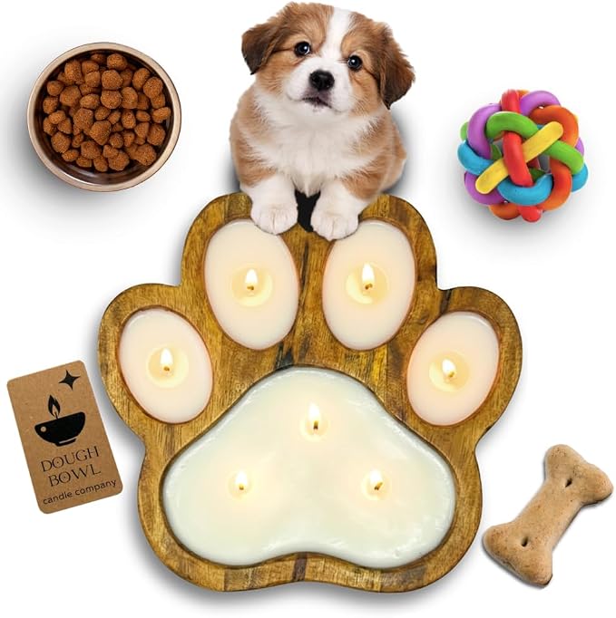 Dough Bowl Candle Co. Pet Odor Eliminator Candle - 11x11x1.5 Scented Soy Candles for Home Scented, 7 Wick Pet Odor Eliminator for Home, White Ocean Beach Decor in Paw Print Shape, Linen Fragrance