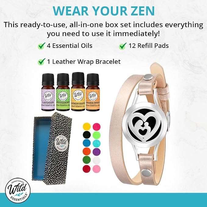 Wild Essentials Arbol Tree Essential Oil Leather Wrap Bracelet Diffuser Kit, Gift Set, Lavender, Lemongrass, Peppermint, Orange Oils, 12 Pads, Customizable Color Changing Perfume Jewelry, Aromatherapy