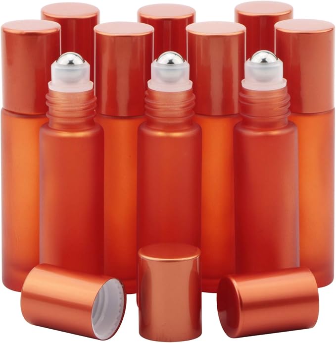 Kesell Glass Roll on Bottle, 10ml Refillable Essential Oil Roller Bottle with Stianless Steel Ball, Pack of 10 (Orange)