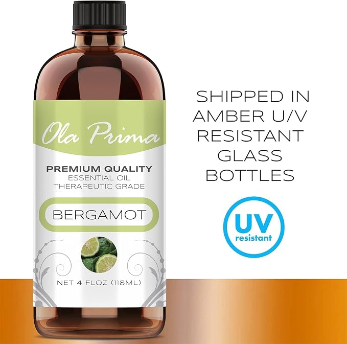 Ola Prima Bergamot Essential Oil - Therapeutic Grade for Aromatherapy, Diffuser, Skin, Hair, Massage, Stress, Dropper - 4 fl oz - Bergamot Oil
