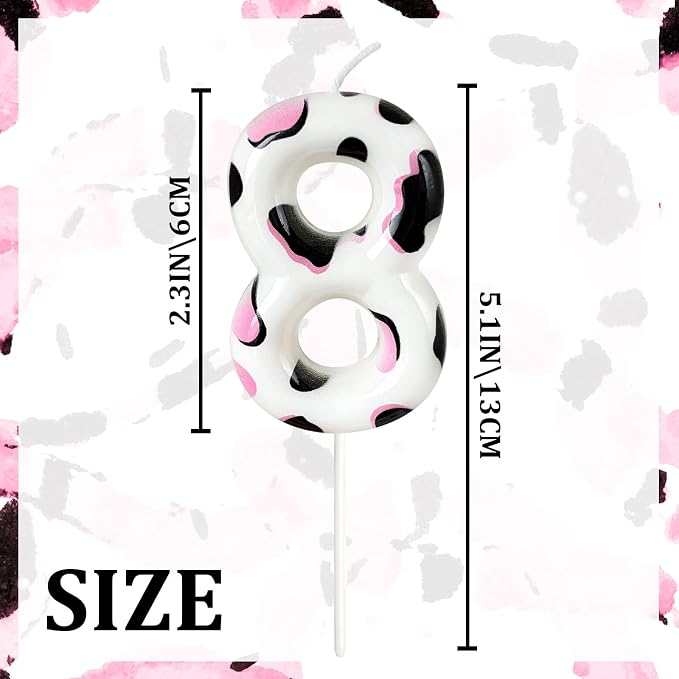 Number 8 Birthday Candle for Cake – Cow Print Design in White Black Pink – Farm Theme & Cowgirl Party Cake Topper Decoration