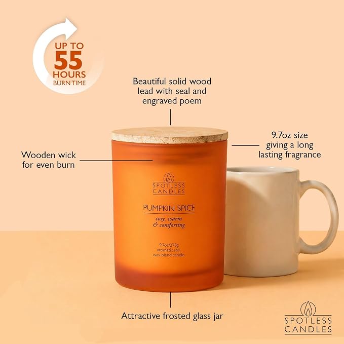 Pumpkin Spice Candle; 9.7 oz:, 55 Hrs Burn Time, Soy Wax Orange Frosted Jar with Crackling Wooden Wick & Luxury Gift Box: Pumpkin Spice Scented Candle by Spotless Candles