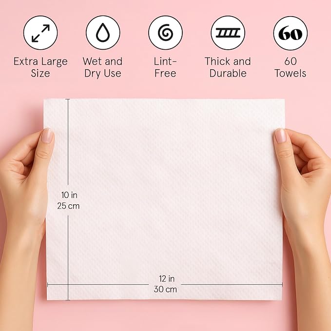 grace & stella Face Towels Disposable - Travel Essentials - Ultra-Soft & Absorbent Face Wipes Towelettes - XL Facial Towels for Cleansing & Makeup Removal - Lint-Free Facial Tissue - Vegan (60 Count)