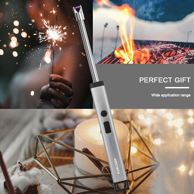 ARECTECH Candle Electric Lighter Rechargeable USB Arc Lighter for Candle Camping Fireworks Christmas Birthday Gifts with LED Light for Men Women Silver