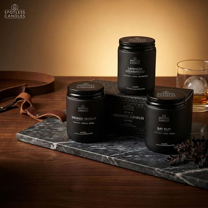 Mens Candle 3 x 8oz Pack Smoked Vanilla Bay Rum and Lavender Cedarwood Scents
