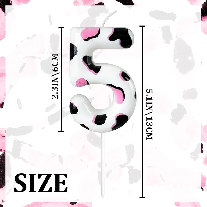 Number 5 Birthday Candle for Cake – Cow Print Design in White Black Pink – Farm Theme & Cowgirl Party Cake Topper Decoration