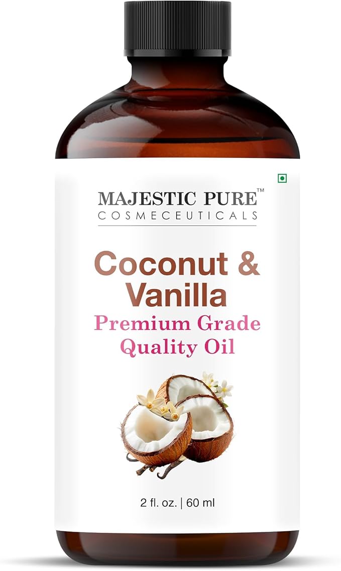 Majestic Pure Essential Oil with Glass Dropper - 100% Pure and Natural - Essential Oils for Diffuser, Aromatherapy, Soap and Candle Making, Coconut Vanilla Essential Oil, Coconut Vanilla Oil, 2 Fl Oz