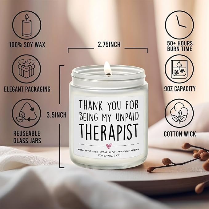 Thank You for Being My Unpaid Therapist Candle Gifts for Best Friend, Eucalyptus, Mint, Cedar, Clove, Patchouli, Vanilla Candle 9OZ - Funny Friendship Sister Boss Coworker Bestie Mom Gifts for Her