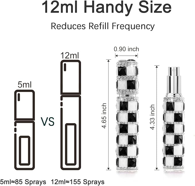 Travel Perfume Atomizer Refillable Bottle, 12ml Rhinestone Mini Perfume Bottles Empty Refillable Travel Atomizer Sprayer with Funnel (1Pc-BlackWhite)