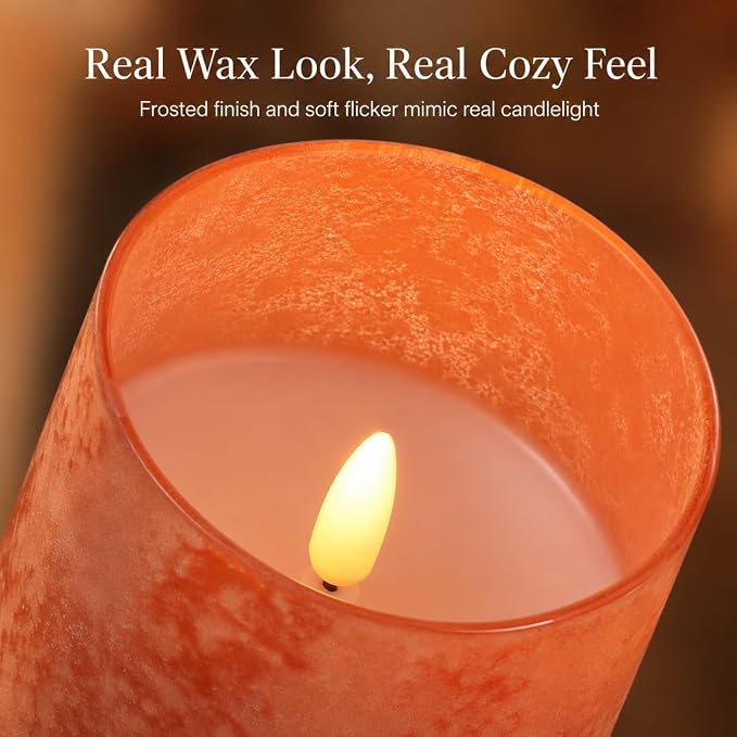 ANGELLOONG Orange Flameless Candles with Remote for Fall Decor, Burnt Orange Real Wax LED Pillar Lights, Flickering Battery Operated Fake Candles for Halloween Christmas Decor