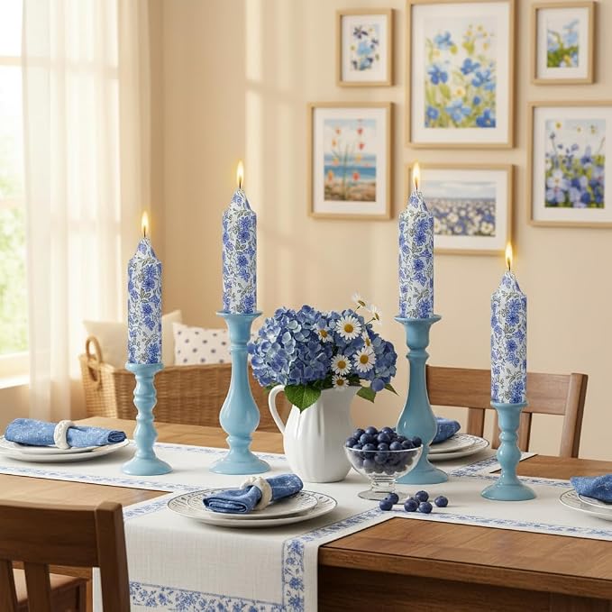 5 inch Short Blue Candle Floral Candle Sticks Printed Candlestick Handmade Unscented Taper Candle 4 Pack Flower Tapered Candles for Blue Home Dinner Wedding Holiday