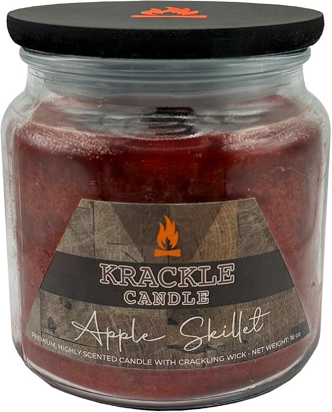Krackle Apple Skillet Scented Candle | 16oz Jar | Long Burn | Apple, Cinnamon, Nutmeg & Brown Sugar | Wooden Krackle Wick | Cozy Fall Candle for Home or Gifting